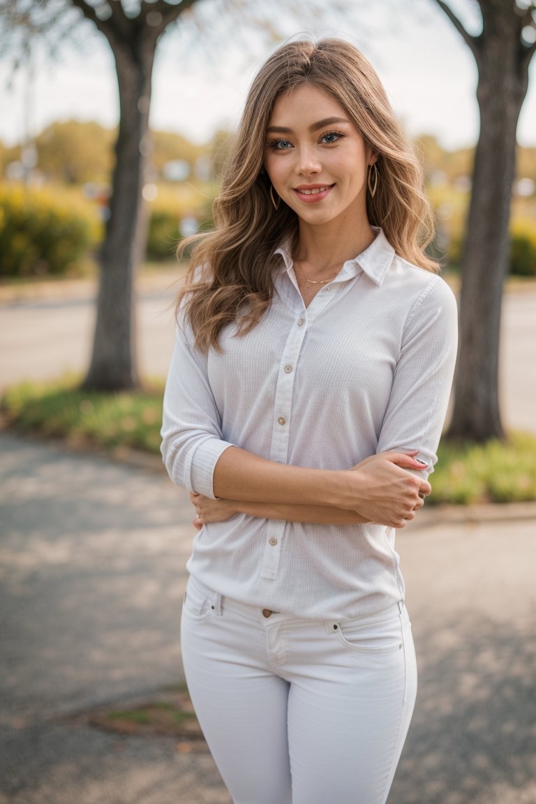 04061-965897585-1girl, looking at viewer, blue eyes,  smile, standing, depth of field, selfie, white jeans, outstretched arms, shirt tucked in,.jpg